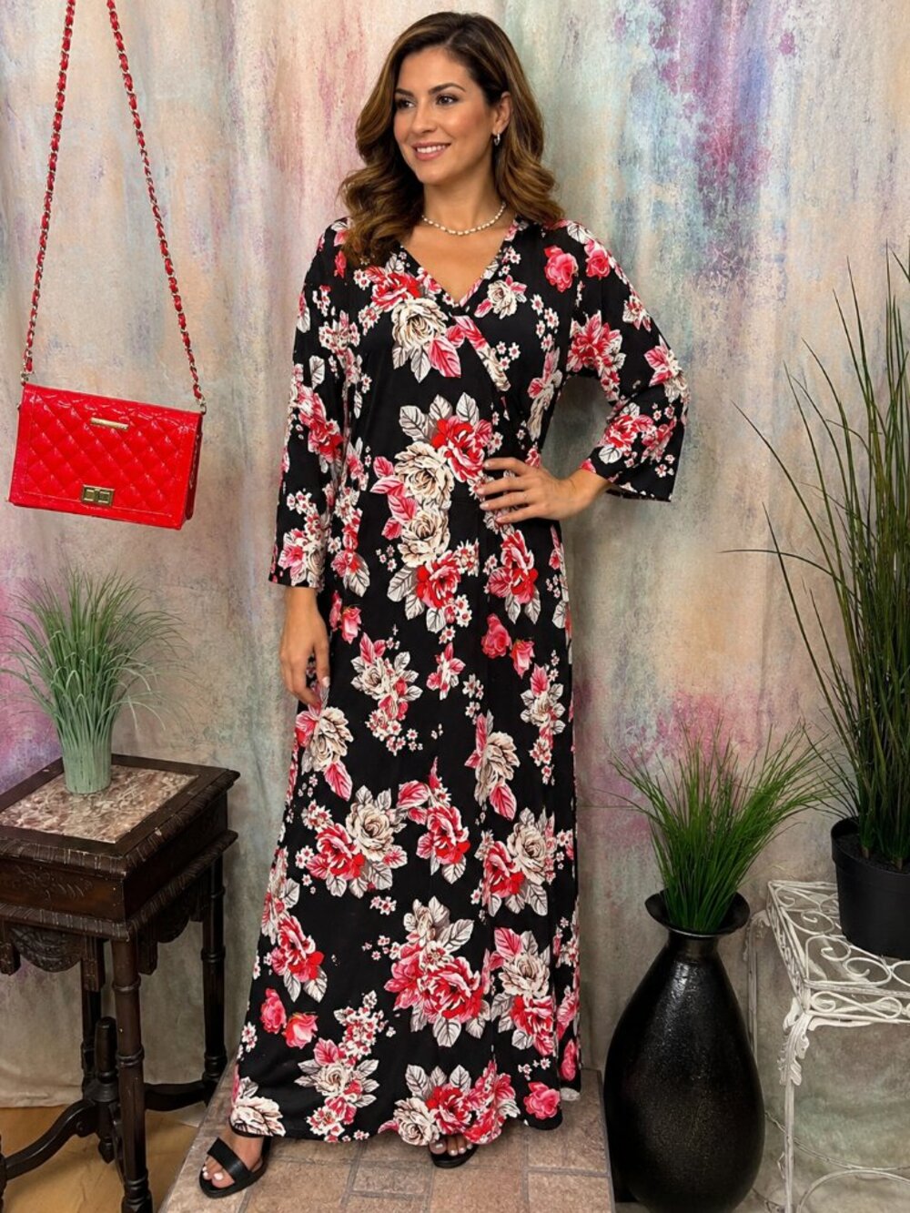 📌IN'VOLAND Beautiful Very Soft Floral Plus Size Maxi Dress with 3/4 Sleeves